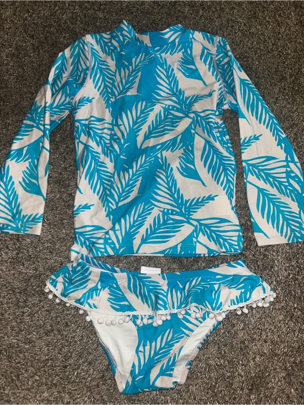 Girls Turquoise Leaf-Print Long Sleeve Rash Guard Swim Set